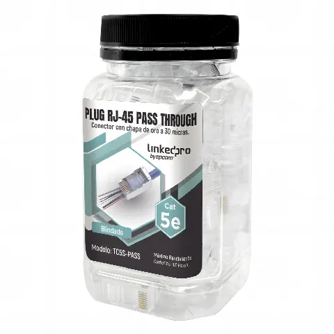 Bote con 100 Plugs Pass through RJ45 Cat5e BLINDADO, chapado de oro a 30 micras para durabilidad extrema