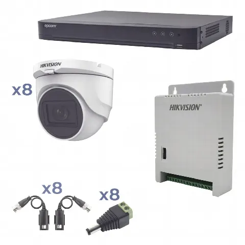 Kit TURBOHD 1080p / DVR 8 Canales / 8 Cámaras Turret (exterior 2.8 mm) / Conectores / Transceptores / Fuente de Poder Profesional hasta 15 Vcc para Larga Distancia