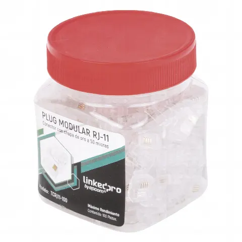 Bote con 100 piezas de plug modular tipo RJ11 de 4 contactos chapado de oro a 50 micras