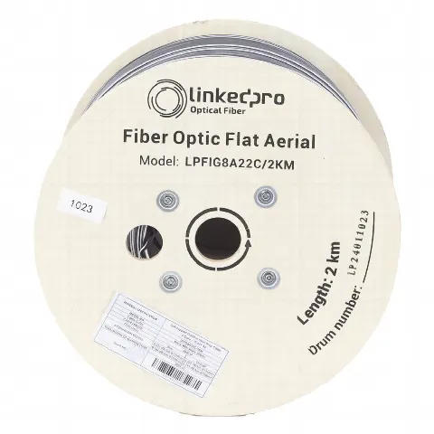 Carrete de 2 km de Fibra Óptica Aérea Mini Figura 8 G.657A2 tipo Drop Plana, Monomodo de 2 Hilos (bifibra), Color Negro