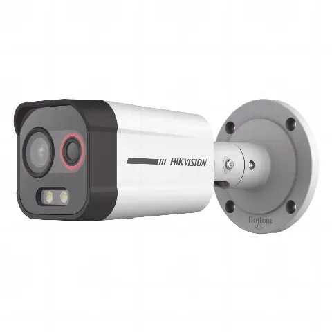 Bala IP Dual / Térmica 2.6 mm (96 x 72) / Óptico 6 mm (4 Megapixel) / Detección de Intrusión por VCA 30 mts /30 mts Luz Blanca / Exterior IP67 / PoE / Sirena y Luz Intermitente Integrada / Micro SD / ColorVu y ACUSENSE 