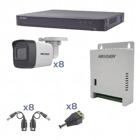 KIT TurboHD 1080p / DVR 8 Canales / 8 Cámaras Bala (exterior 2.8 mm) / Transceptores / Conectores / Fuente de Poder Profesional hasta 15 Vcc para Larga Distancia