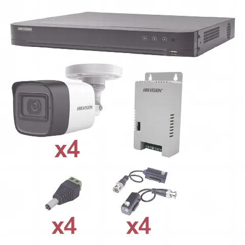 KIT TurboHD 1080p / DVR 4 Canales / 4 Cámaras Bala (exterior 2.8 mm) / Transceptores / Conectores / Fuente de Poder Profesional