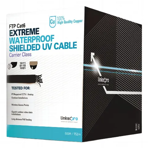 Bobina de 152.5 metros (500 ft) Cat6+ CALIBRE 23 Exterior Blindado tipo FTP Para Climas Extremos, UL para aplicaciones de video vigilancia y redes de datos. Para uso en Intemperie.