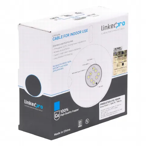 Bobina de cable de 100m (328.08 ft), Cat5e, 24 AWG, color Gris, UL, para aplicaciones en videovigilancia, redes de datos. Uso Interior
