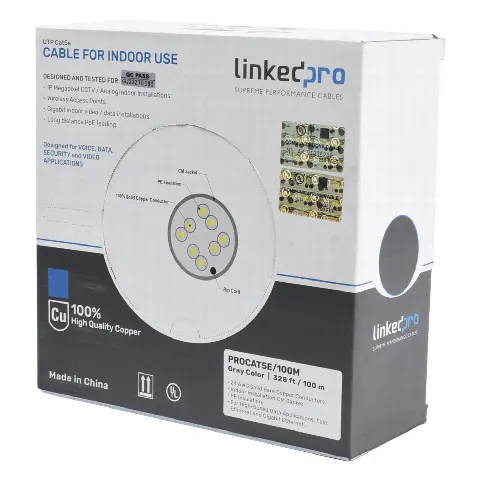 Cable Cat5e de alto rendimiento, con certificaciones ETL, UL, con garantía de 25 años, color gris, de 100 m ( 328 ft ) para aplicaciones en CCTV, redes de datos. Uso interior.