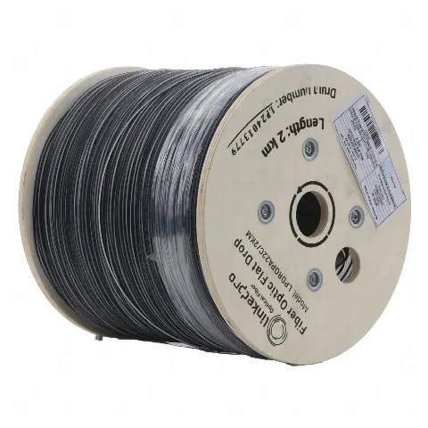 Carrete de 2 km de Fibra Óptica Drop Plana, Interior/Exterior G.657A2 Monomodo de 2 hilos (bifibra), Dieléctrica, Forro Negro