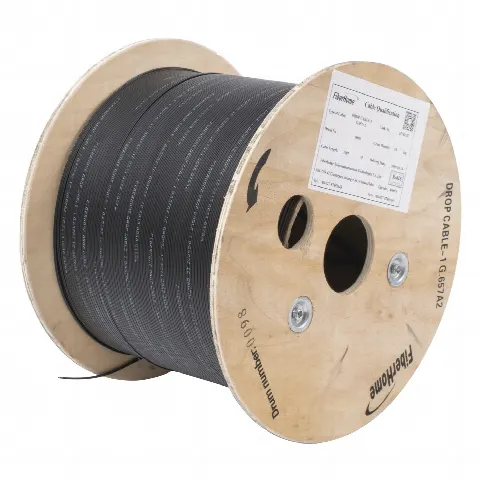 Carrete de 1 km de Fibra Óptica Drop, Interior/Exterior G.657A2 Monomodo de 1 hilo (unifibra), Dieléctrica, Forro Negro