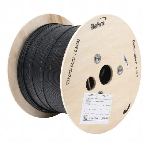 Carrete de 1 km de Fibra Óptica Aérea Mini Figura 8 G.657A2 tipo Drop, Monomodo de 2 Hilos (bifibra), Color Negro