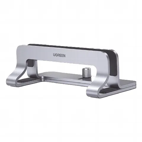 Soporte Vertical para Laptop / Adecuado para escritorio / Anchura Ajustable (12-26mm) / Amplia compatibilidad / Anti-Arañazos / Anti-Deslizante /Ajustable Mediante Tornillos / Color Plata / Aluminio + Silicona