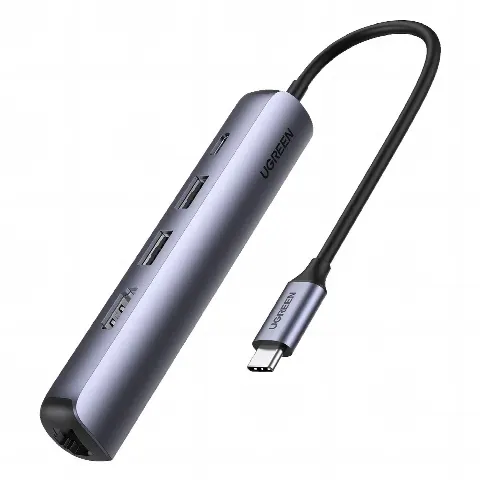 HUB USB-C (Docking Station) 5 en 1 | Ultra Delgado | 2 USB-A 3.1 a (5 Gbps) | HDMI 4K@60Hz | RJ45 (Gigabit Ethernet) | USB-C PD Carga Rápida 100W | Protección Múltiple | Chips Inteligentes | Pequeño y Ligero | Caja de Aluminio.