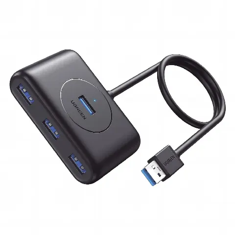 HUB USB-A 3.0 4 en 1 | 4 Puertos USB-A 3.0 (5Gbps) | Entrada USB-C (PD 5V2A) | Cable de 1 Metro | Indicador Led | Ideal para Transferencia de Datos | Entrada USB-C para alimentar equipos de mayor consumo | Color Negro.