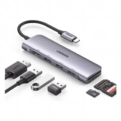 HUB USB-C (Docking Station) 6 en 1 | HDMI 4K@30Hz | 3 Puertos USB 3.0 | Lector Tarjeta SD + Micro SD (TF) Uso Simultáneo | Chip de Última Generación | Potente Disipación de Calor |  Caja de Aluminio.