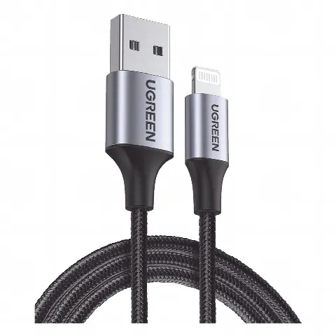 Cable USB-A a Lightning | 1 Metro | Certificado MFi | Carga Rápida 5V/2.4 A | 480 Mbps | Conector C94 | Adecuado para iPhone, iPad y iPod | Protección Integrada | Caja de Aluminio | Nylon Trenzado | Color Negro | 2 años de Garant&iacu