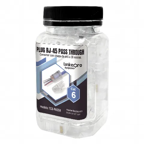 Bote con 50 Plugs Pass through RJ45 Cat6 sin blindaje, con alivio de tensión incluido, chapado de oro a 30 micras para durabilidad extrema