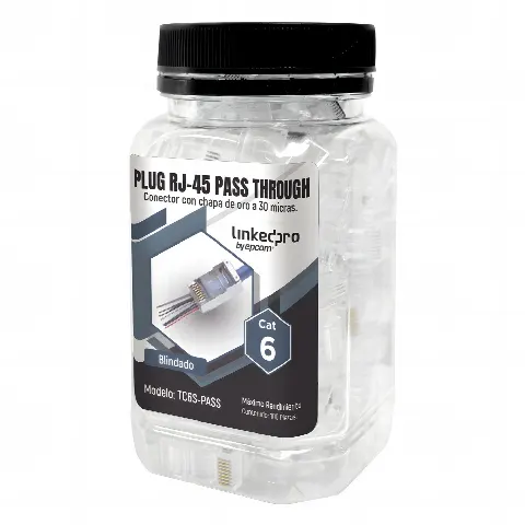 Bote con 100 Plugs Pass through RJ45 Cat6 BLINDADO chapado de oro a 30 micras para durabilidad extrema