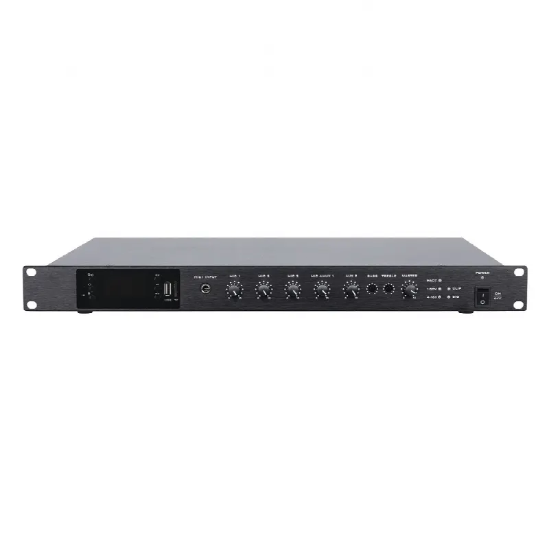 Amplificador de Audio / 1 Canal / 350 W RMS / Sistema 100V y Baja Impedancia 4-16Ω / 4 Entradas Micrófono Balanceadas / Bluetooth / USB / SD / FM / Montaje Rack