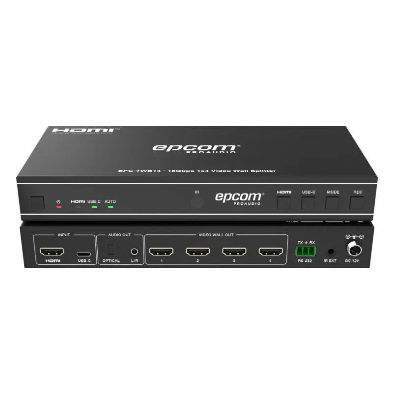 Controlador de Videowall / 1x4 HDMI / 4K@60Hz / 18 Gbps / 8 Modos de Visualización / Audio Óptico y Analógico / USB-C / RS-232 e IR