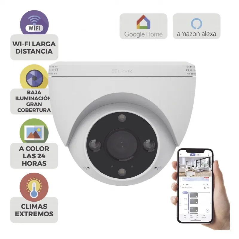 Cámara Domo IP / 3 Megapixel (2K) / Wi-Fi / Visión Nocturna Color 30 m (98.4 ft) / Detección Humana y Vehículo / IP67 / Audio Bidireccional / Ranura Micro SD 512 GB / Exterior