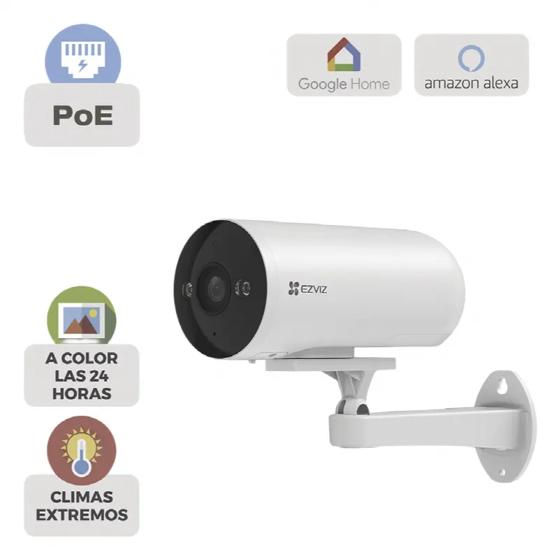 Cámara Bala IP / 3 Megapixel (2K) / Color Night Vision 20 m (65.6 ft) / IR 30 m (98.4 ft) / AI Detección Humana y Vehículos / PoE / IP67 / Audio Bidireccional / Luz y Sirena / Exterior