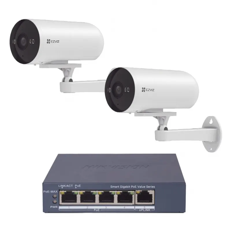 Kit de Videovigilancia PoE / 2 Cámaras IP 3 Megapixel / Switch 4 Puertos PoE+ Gigabit / Visión Nocturna a Color / IP67 / Audio Bidireccional / Luz y Sirena / Paquete con 2 piezas / Exterior