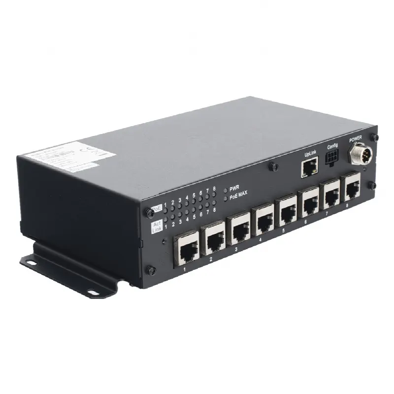 Switch PoE Móvil / 8 Puertos PoE 100 Mbps / 1 Puerto Uplink 1 Gbps / 90 W Total / 9-36 V DC / -20°C a +60°C