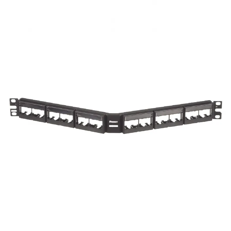 Panel de Parcheo Modular Mini-Com (Sin Conectores), Angulado, Sin Blindaje, Con Etiqueta y Cubierta, de 24 puertos, 1UR