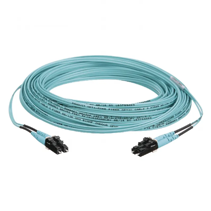 Jumper de Fibra Optica Multimodo 50/125 OM3, LC-LC Duplex, OFNR (Riser), Color Aqua, 15 Metros
