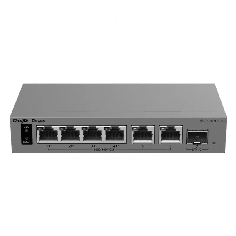 Switch Gigabit Smart Cloud / 7 Puertos / 4 PoE+ 40 W / 1 SFP Uplink / Capa 2 / Protección 6 kV / Fanless