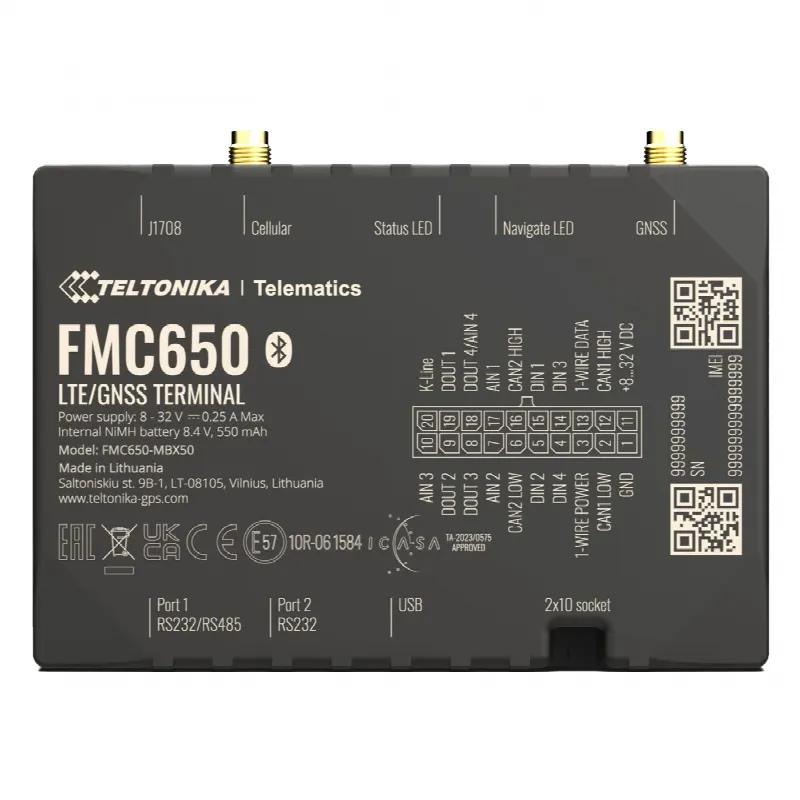 Rastreador GPS Vehicular / 4G LTE Cat 1 2G / GNSS Multiconstelación / CAN RS485 RS232 / 4 E/S Digitales Analógicas / Batería 550 mAh