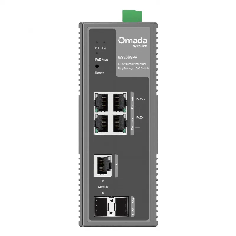 Switch Industrial Easy Managed / 6 Puertos Gigabit / 4 PoE (1× PoE++ 60W + 3× PoE+ 30W) / 120W PoE Budget / 2 SFP / IP40 / -40°C a 75°C / 6kV Protección Rayos / DIN-Rail
