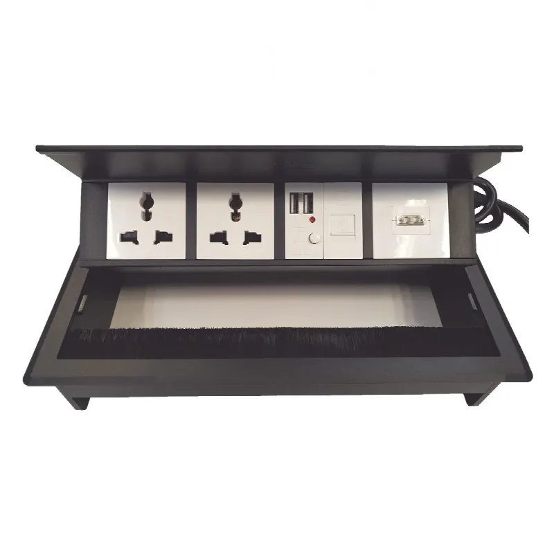 Caja Horizontal tipo Hub para escritorio color negro, con 1 Puerto HDMI Hembra-Hembra, 1 puerto RJ45 Cat6,  2 Puertos USB (Solo carga),  y 2 Contactos eléctricos universales