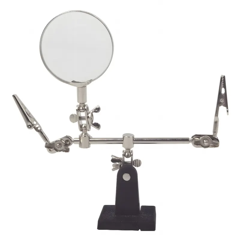 Soporte con lupa y dos brazos con clip. Ideal para trabajos de soldadura.