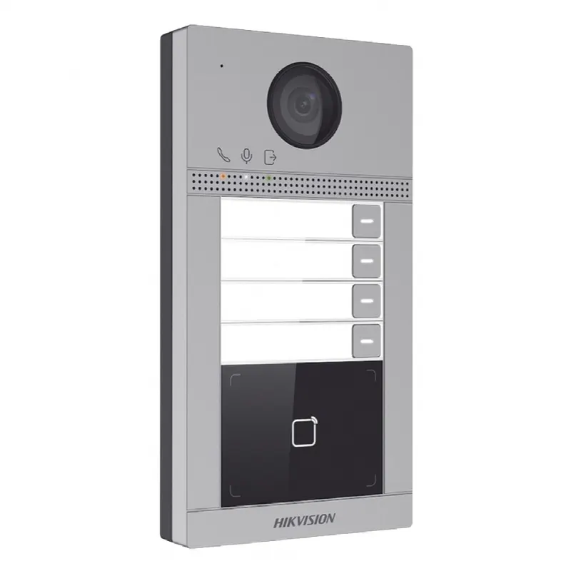 Videoportero IP 2 Megapixel / Llamada y Apertura Remota desde App Hik-Connect / PoE / Exterior IP65 + Antivandalico IK08 / 4 Departamento / Apertura con Tarjeta / Soporta 2 Puertas y hasta 6 Monitores