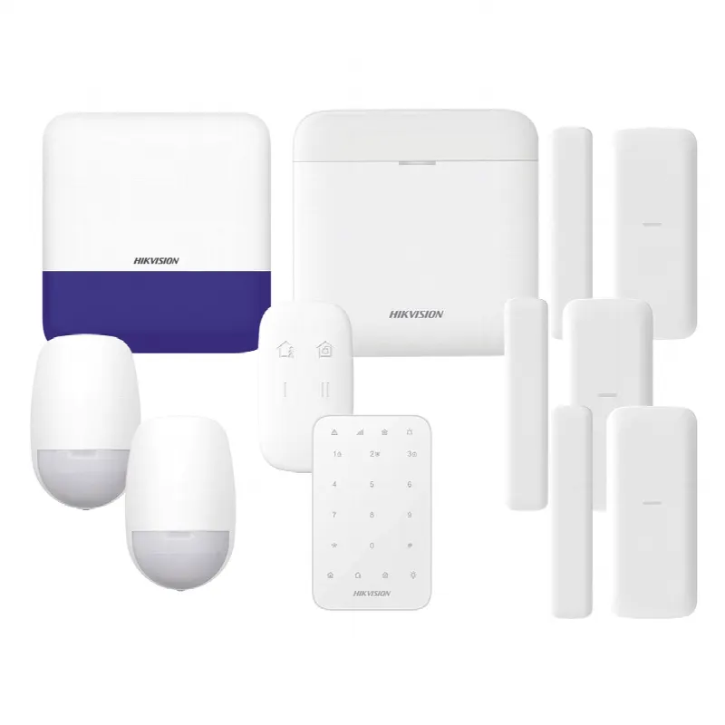 (AX PRO) KIT de Alarma AXP RO / Incluye: 1 Hub con bateria de respaldo/ 2 Sensores PIR / 3 Contactos Magnéticos mini / 1 Control Remoto / 1 Sirena Inalambrica Exterior /1 Teclado Inalámbrico / WiFi / Compatible con Hik-Connect P2P