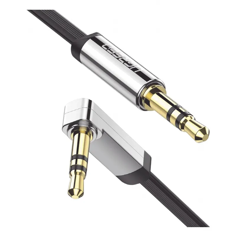 Cable Auxiliar Plano 2 Metros / Conector 3.5mm a 3.5mm / Macho-Macho / Recto a Angulo / Ángulo de 90° en una de sus Puntas / Color Negro