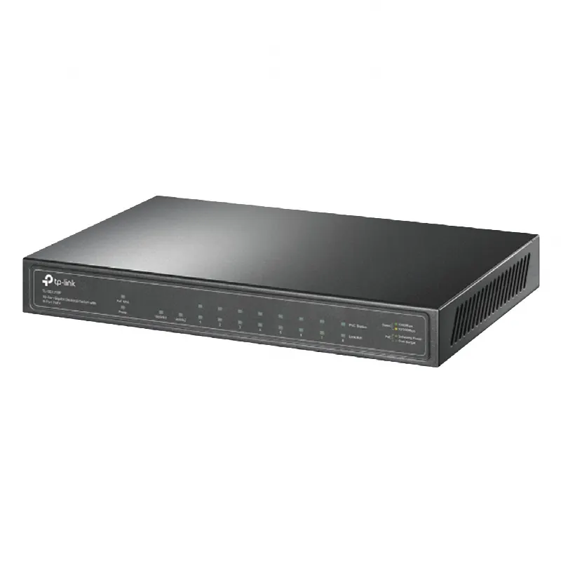 Switch de escritorio PoE+, no Administrable 8 puertos 10/100/1000 Mbps + 1 puertos 10/100/1000 Mbps (Uplink) + 1 puerto SFP, 63W