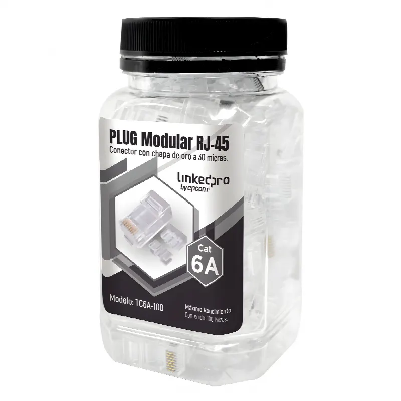 Bote con 100 Piezas de Plug Modular RJ45 Cat6A chapado de oro a 30 micras para durabilidad extrema