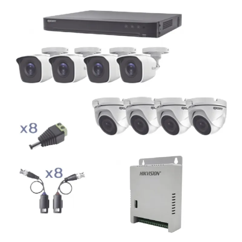 KIT TurboHD 1080p / DVR 8 Canales / 4 Cámaras Bala (exterior 2.8 mm) / 4 Cámaras Eyeball (exterior 2.8 mm) / Transceptores / Conectores / Fuente de Poder Profesional hasta 15 Vcc para Largas Distancias