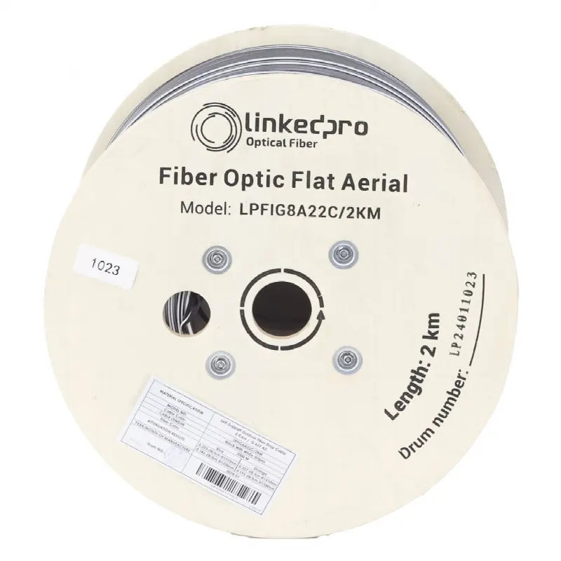 Carrete de 2 km de Fibra Óptica Aérea Mini Figura 8 G.657A2 tipo Drop Plana, Monomodo de 2 Hilos (bifibra), Color Negro