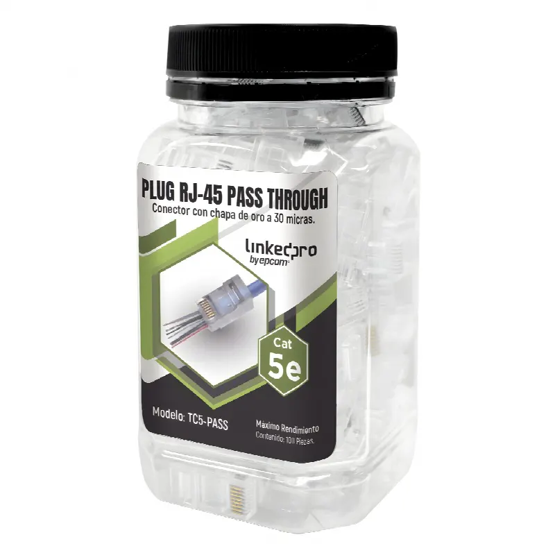 Bote con 100 Plugs Pass through RJ45 Cat5e sin blindaje, chapado de oro a 30 micras para durabilidad extrema