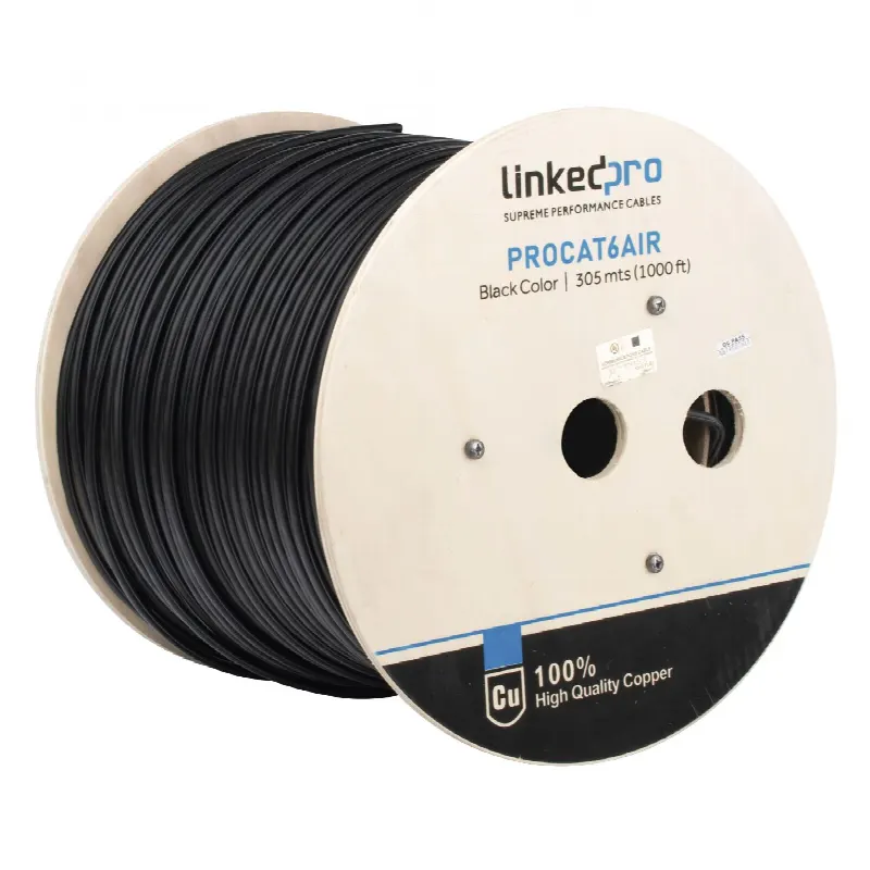 Bobina de cable FTP con Mensajero de Acero de 305 m (1000 ft) Cat6+ CALIBRE 23, color negro, para aplicaciones en video vigilancia y redes de datos / Uso en Intemperie y aplicaciones Aéreas