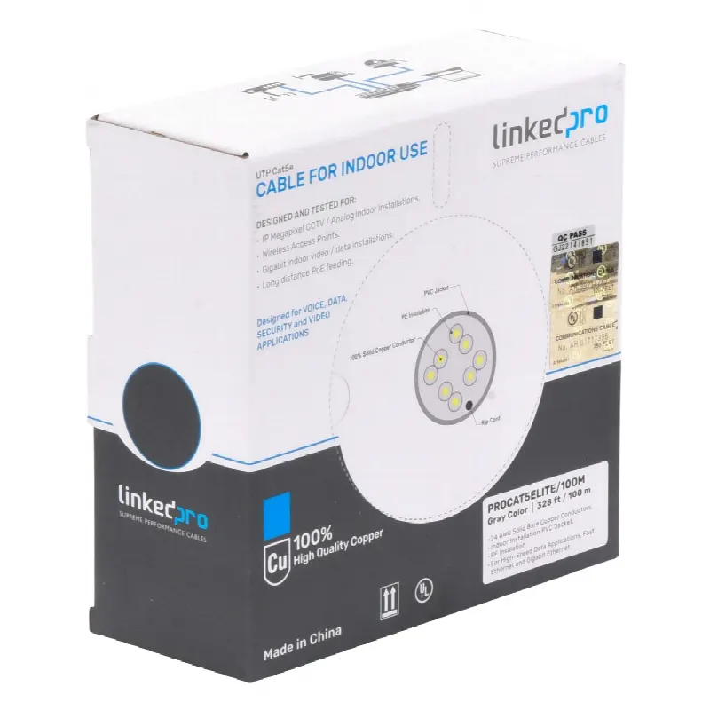 Bobina de cable de 100m (328.08 ft), Cat5e, 24 AWG, color Gris, UL, para aplicaciones en videovigilancia, redes de datos. Uso Interior