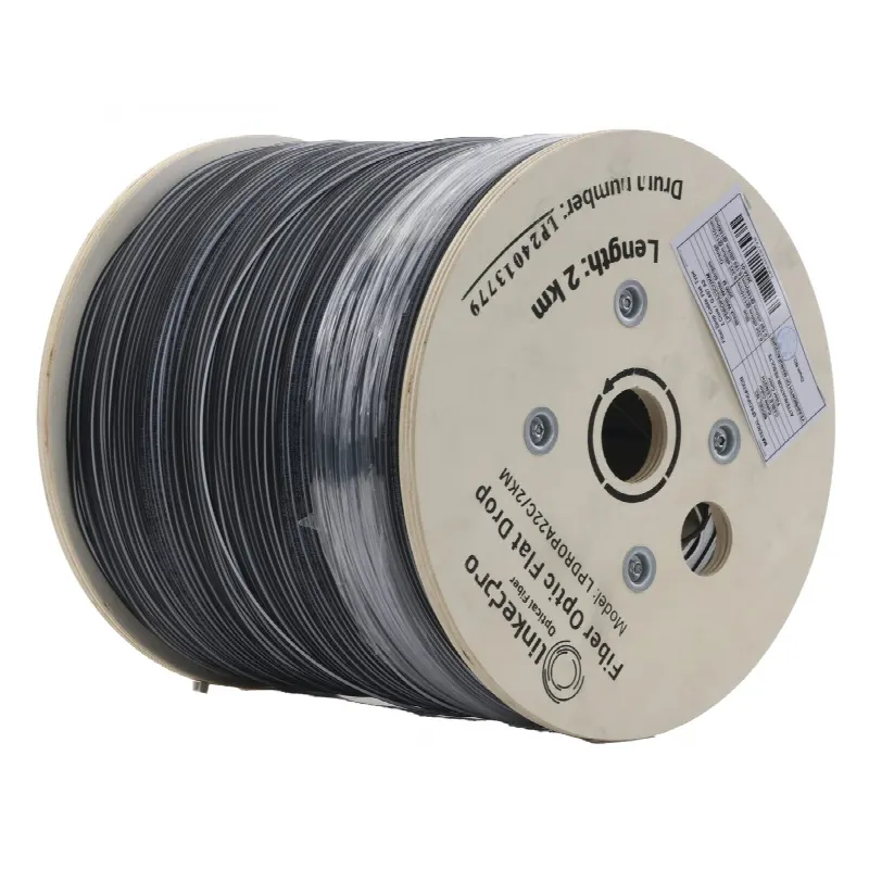 Carrete de 2 km de Fibra Óptica Drop Plana, Interior/Exterior G.657A2 Monomodo de 2 hilos (bifibra), Dieléctrica, Forro Negro