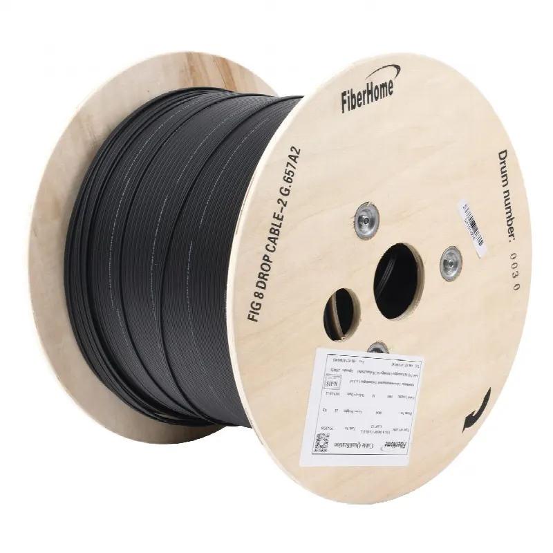 Carrete de 1 km de Fibra Óptica Aérea Mini Figura 8 G.657A2 tipo Drop, Monomodo de 2 Hilos (bifibra), Color Negro