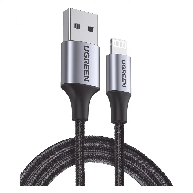 Cable USB-A a Lightning | 1 Metro | Certificado MFi | Carga Rápida 5V/2.4 A | 480 Mbps | Conector C94 | Adecuado para iPhone, iPad y iPod | Protección Integrada | Caja de Aluminio | Nylon Trenzado | Color Negro | 2 años de Garant&iacu