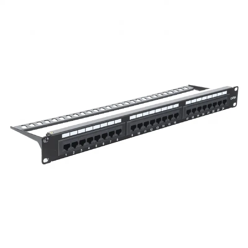 Panel de parcheo de impacto (110) UTP de 24 puertos Cat6A, 19in, con barra para Organizar cables y espacio para Etiqueta