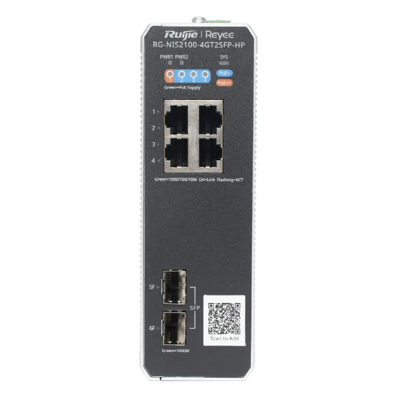 Switch Industrial PoE+ / 4 Puertos Gigabit / 1 PoE++ 60W + 3 PoE+ 30W / 2 SFP Uplink / 12 Gbps / -40°C a 75°C / Protección 6 kV
