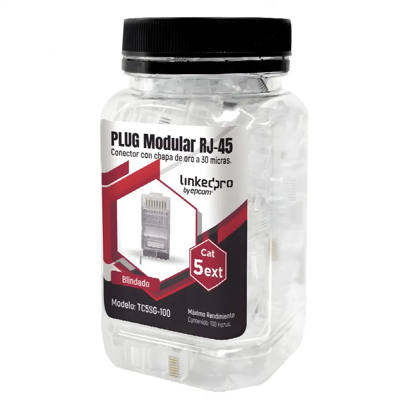 Bote con 100 Piezas de Plug Modular RJ45 Cat5e blindado, chapado de oro a 30 micras para durabilidad extrema CON PIN DE TIERRA