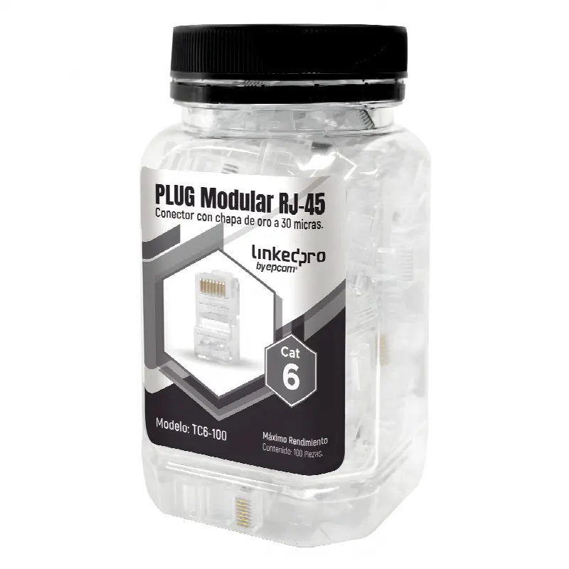 Bote con 100 Piezas de Plug Modular RJ45 Cat6 sin blindaje, chapado de oro a 30 micras para durabilidad extrema
